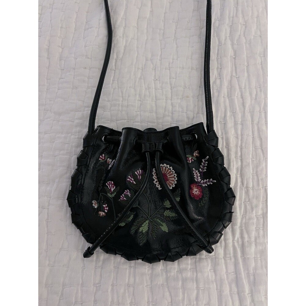 ZARA Black Leather Embroidered Shoulder Bag EUC